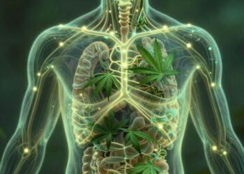 Internal body network with glowing pathways and cannabis leaf hints.