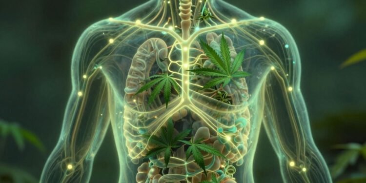 Internal body network with glowing pathways and cannabis leaf hints.