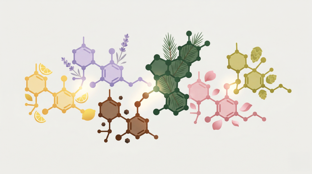 Key cannabis terpenes — limonene, linalool, β-caryophyllene, α-pinene, geraniol, and myrcene — molecular illustration