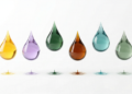 Six cannabis terpenes represented as translucent colored droplets — limonene (yellow), linalool (purple), pinene (green), β-caryophyllene (amber), myrcene (teal), and humulene (sage) — each with distinct pharmacological properties