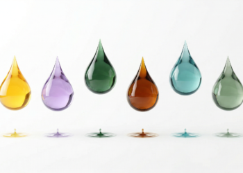 Six cannabis terpenes represented as translucent colored droplets — limonene (yellow), linalool (purple), pinene (green), β-caryophyllene (amber), myrcene (teal), and humulene (sage) — each with distinct pharmacological properties