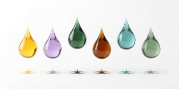 Six cannabis terpenes represented as translucent colored droplets — limonene (yellow), linalool (purple), pinene (green), β-caryophyllene (amber), myrcene (teal), and humulene (sage) — each with distinct pharmacological properties