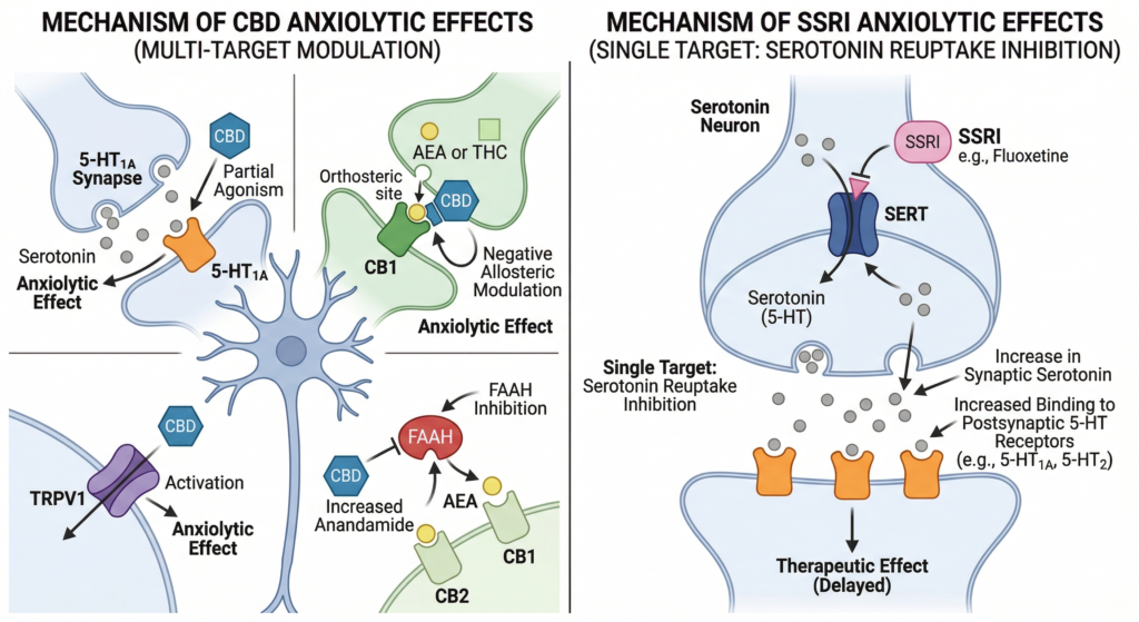 How CBD affects anxiety receptors compared to SSRIs — CBD multi-target modulation via 5-HT1A, CB1, TRPV1, and FAAH versus SSRI single-target serotonin reuptake inhibition — CBD.Help infographic