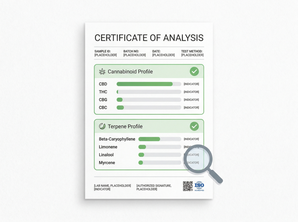 CBD Certificate of Analysis (COA) — what to look for: cannabinoid profile and terpene profile in a full spectrum CBD product