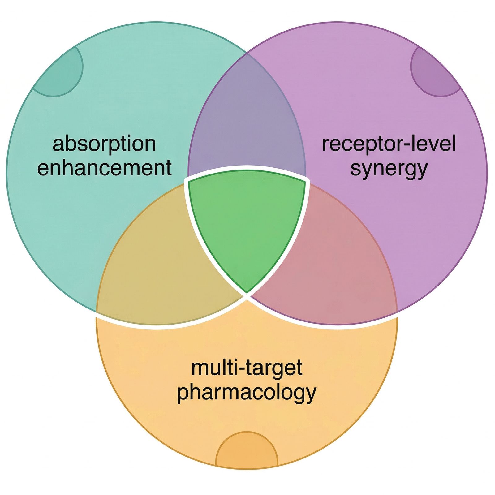 Three mechanisms behind full spectrum CBD — pharmacokinetic absorption enhancement, receptor-level terpene synergy, and multi-target pharmacology operating as parallel pathways toward a combined amplified effect