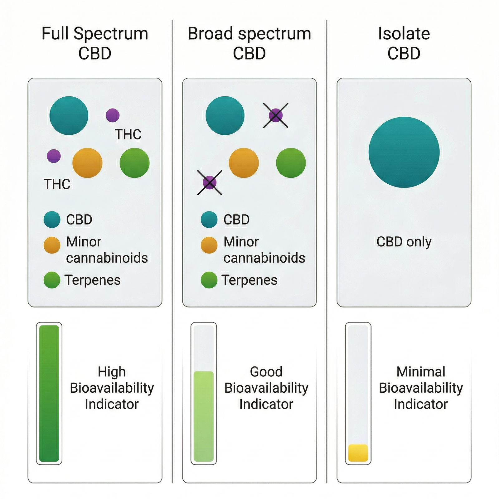 Full spectrum vs broad spectrum vs isolate CBD — comparison of cannabinoid and terpene content in each product type