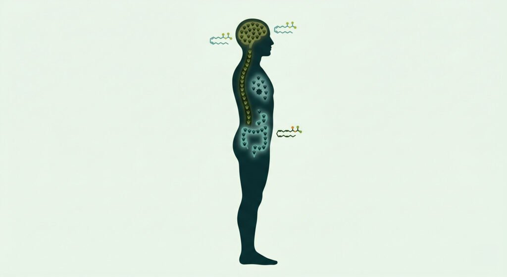 Diagram of the endocannabinoid system showing CB1 and CB2 receptors throughout the body